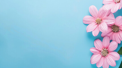 Obraz premium A vibrant arrangement of pink flowers against a soft blue background, creating a cheerful and fresh aesthetic perfect for spring or floral themes.
