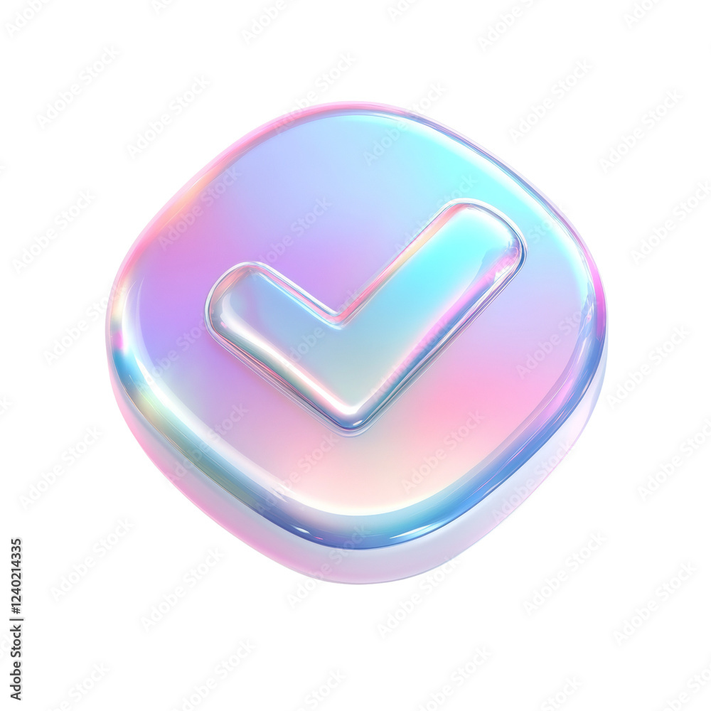 Aufkleber A 3D rendered pastel iridescent button displaying a check mark symbol signifying completion or approval.
