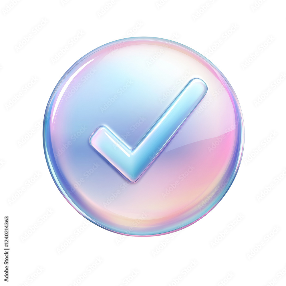 Poster a glossy pastel iridescent circle contains a three dimensional light blue checkmark.