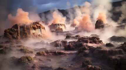 Boiling sulfur pools nestled within a dramatic volcanic landscape with steam venting from the earth s surface and vibrant geological formations