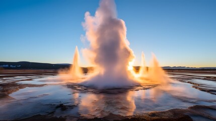 Obraz premium Mesmerizing volcanic geyser erupting forcefully shooting a plume of hot steam high into the air against a dramatic mountain landscape