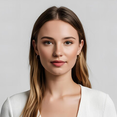 Fototapeta premium A young woman with long, blonde hair, wearing a white top, looking directly at the camera with a serene and confident expression, exuding natural beauty and elegance.
