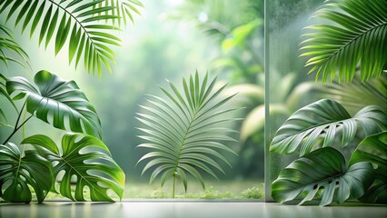 Fototapeta premium Serene Tropical Foliage Displayed Near a Window Pane, Featuring Lush Green Leaves and a Tranquil Natural Background