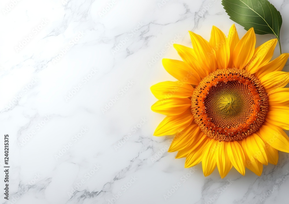 Wall mural Vibrant yellow sunflower with dark brown center, positioned on a white marble background. A green leaf adds a touch of freshness to the composition