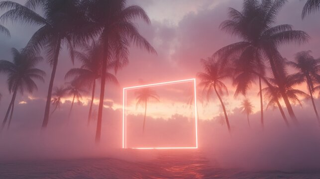 Tropical beach with palm trees and a glowing neon square in a foggy sunset landscape - Powered by Adobe