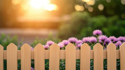 Fototapeta premium A sunlit wooden fence adorned with blooming purple flowers, set against a softly blurred green background.