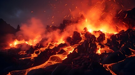Mesmerizing scene of molten lava pouring down a rugged mountainside lighting up the night sky with its fiery glow and dramatic natural power