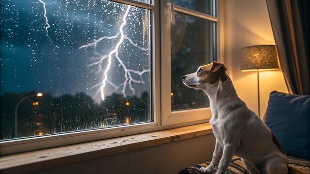 a Jack Russell Terrier dog sitting on a cushion near a window - Powered by Adobe