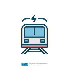 A simplistic graphic representation of a train, featuring a front view with tracks beneath it, designed in a modern style for transportation-related contexts.