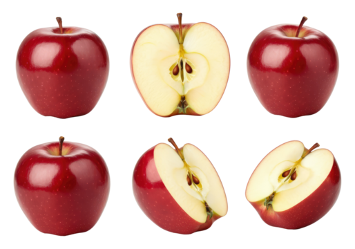 Red apples whole and cut in half, showcasing fresh, juicy, crisp fruit