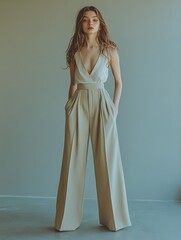 Fototapeta premium Chic woman in stylish jumpsuit posing confidently.