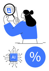 Person scrutinizing a resume with magnifying glass, AI processor, percentage symbol. Ideal for HR, recruitment processes, AI analysis, data evaluation, precision, efficiency technology advancements