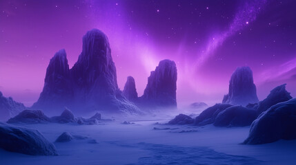 Naklejka premium Purple blue aurora borealis painting over a vast ice and snow landscape at night, shimmering light dancing across the sky