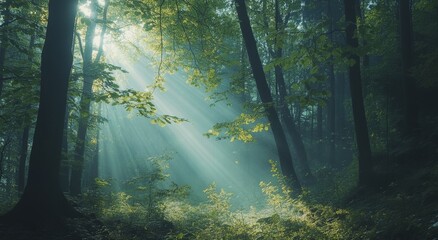 Obraz premium Sunbeams pierce misty forest path, nature background, serenity