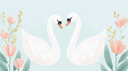 Obraz premium beautiful watercolor depiction of swan couple surrounded by soft flowers, evoking sense of love and tranquility