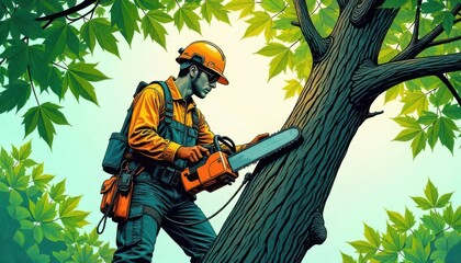 Tree cutting action forest location digital illustration natural environment close-up viewpoint environmental concept