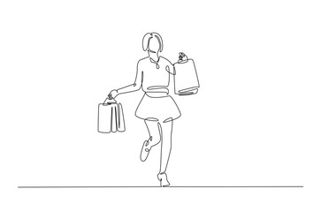 Pretty woman holding shopping paper bags in continuous one line drawing. Single line art draw of lady with shopping bags . Editable vector.