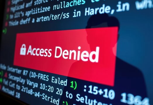 A shadow hacker in front of a computer screen displaying "Access Denied" in red text, representing cybersecurity threats and hacking.