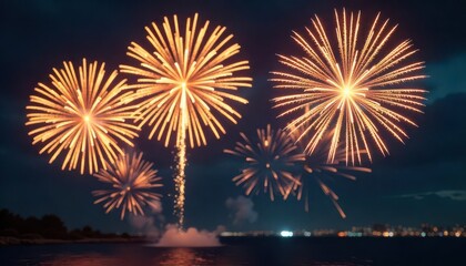 Spectacular fireworks display celebrating new year's eve coastal city photography nighttime aerial view celebration
