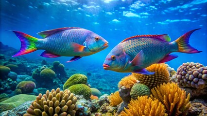 Fototapeta premium Vibrant Tropical Fish Swimming Above Colorful Coral Reef Ecosystem