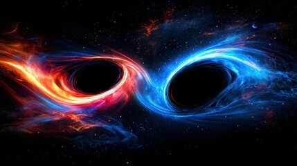 Obraz premium Two black holes colliding in deep space, with gravitational waves and energy rippling through the cosmos