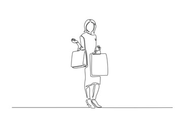 Pretty woman holding shopping paper bags in continuous one line drawing. Single line art draw of lady with shopping bags . Editable vector.