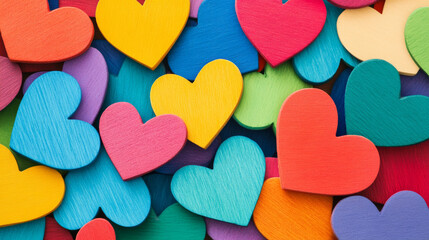 A lively arrangement of multicolored wooden hearts, symbolizing love and creativity. The overlapping design creates a cheerful and festive background, perfect for expressing emotions and ideas.
