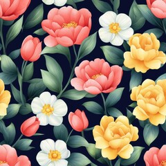 Vibrant Watercolor Roses and Tulips Floral Pattern in Seamless Design