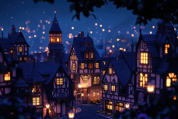 Naklejka premium City Lights: A night scene of a city with glowing streetlights and buildings