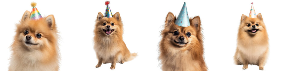 Obraz premium Pomeranian wearing a party hat, isolated on a white background. Mix Collection Png.