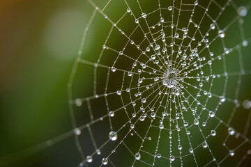Fototapeta premium Intricate spider web adorned with dewdrops, capturing the beauty of nature on a serene morning.