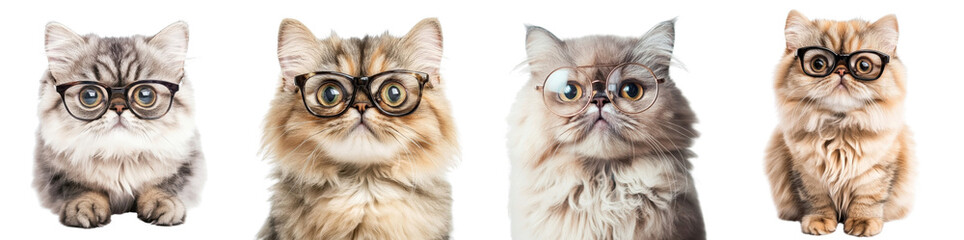 Fototapeta premium Persian cat wearing glasses, isolated on a white background. Mix Collection Png.