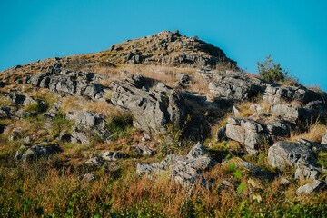 A rocky hillside under a clear blue sky, featuring sparse vegetation and rugged terrain, showcasing the beauty of natural landscapes.