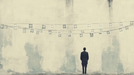 Man contemplates memories, photos strung on line against textured wall, nostalgic scene, stock photo