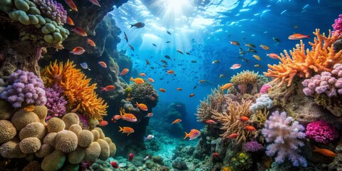 Obraz premium Vibrant Underwater Coral Reef with Colorful Fish and Sunlight Beams