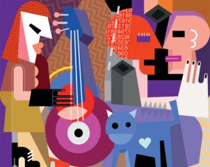 Two lovers are dancing, a woman is playing the guitar and grey cat is walking. Cubism art vector illustration.
