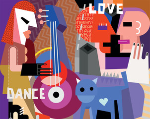 Two lovers are dancing, a woman is playing the guitar and grey cat is walking. Cubism art vector illustration.