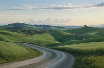 Tuscany Road Winding Through Rolling Hills at Sunset