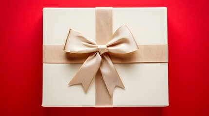 Elegant Beige Gift Box with Ribbon Bow on Red Background