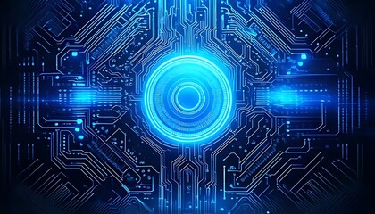 A luminous blue digital circuit board design with a central circular element