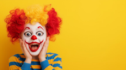  child dressed in a colorful clown costume, featuring  white shirt with multicolored dots, yellow pants, costume promotions, circus-themed events, birthday party supplies, banner design flyer