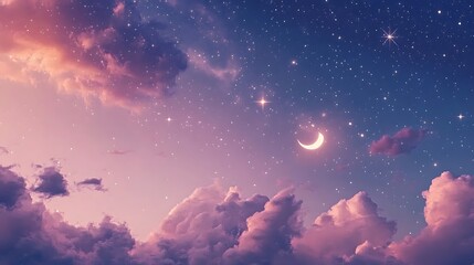 Fototapeta premium A crescent moon and stars shine over fluffy pink clouds at dusk