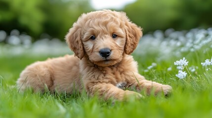 Fototapeta premium Adorable Golden Doodle Puppy in Spring Flowers
