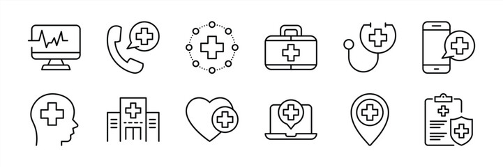 set of healthcare thin line icon. contain digital healthcare, medicine, online, insurance, checkup, doctor icon collections. vector illustration