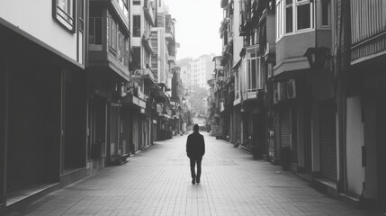 Man walking down empty city street, buildings, fog