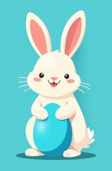 Cute easter bunny holding a big light blue egg