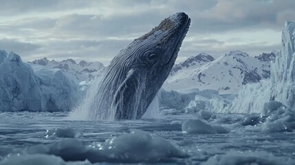 Fototapeta premium Majestic Humpback Whale Breaching Amidst Icy Landscape and Glacial Mountains Under Dramatic Clouds
