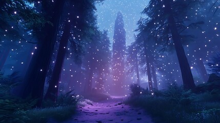 A Pathway Through a Magical Forest at Night