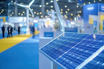 Renewable Energy Fair: Exhibitors showcasing solar and wind technologies in clean blues and yellows.