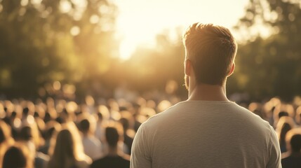 Man watching sunset crowd, park, event, hope